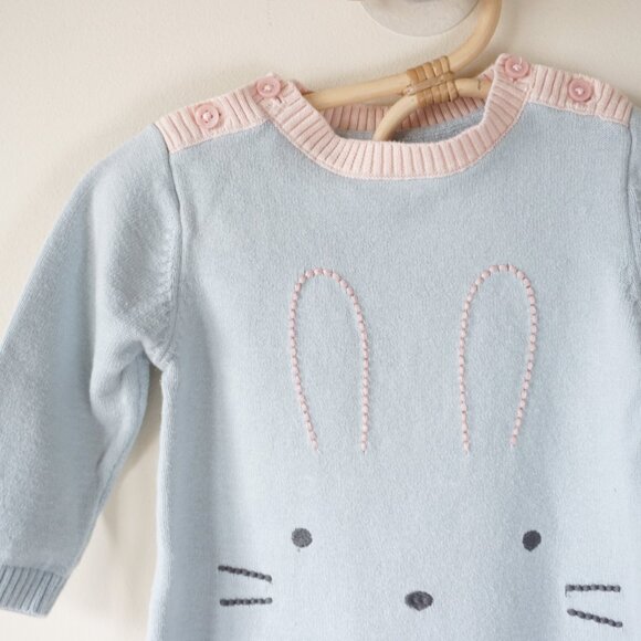 Marks & Spencer Knit Embroidered Bunny Sweater Dress Light Blue Baby Sz 9m - Picture 4 of 9